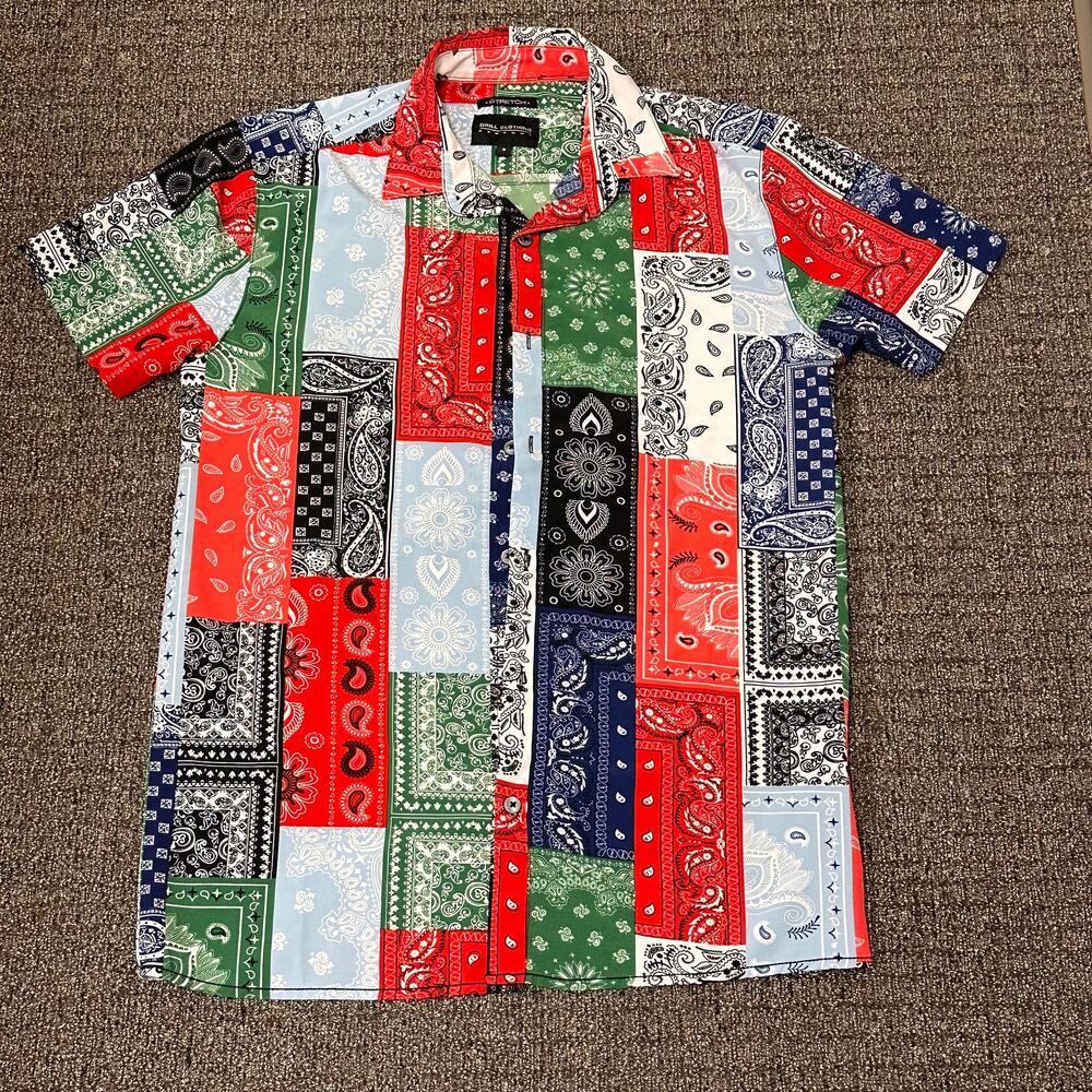 Stretch Drill Clothing Bandana Shirt Mens Sz S Multicolor Button Up Short Sleeve - Picture 10 of 11